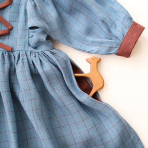 Woodland Sky Check Linen Puff Sleeve Bow Dress with Chocolate Plum Accent Color