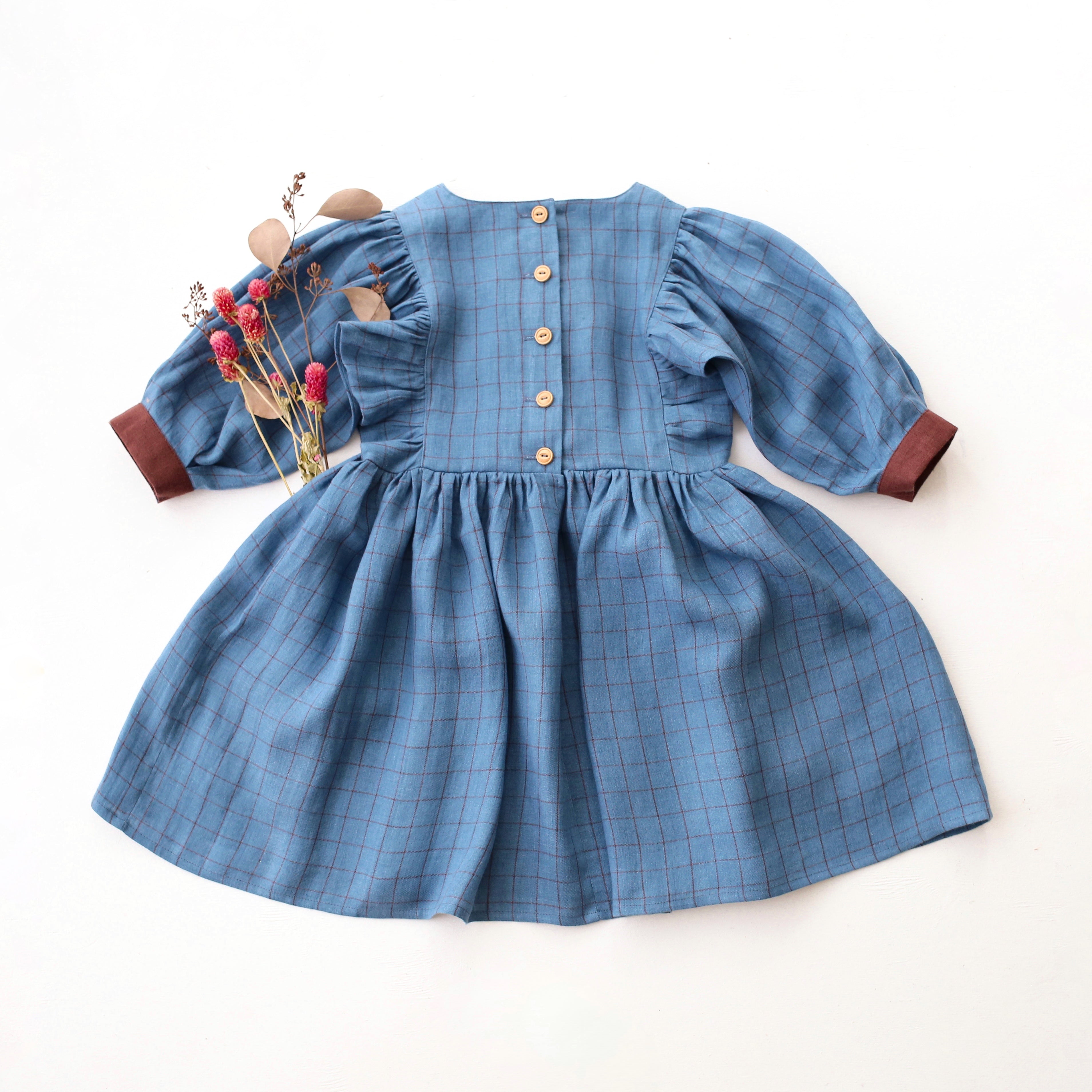 Woodland Sky Check Linen Puff Sleeve Bow Dress with Chocolate Plum Accent Color