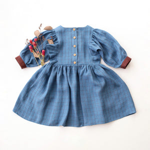Woodland Sky Check Linen Puff Sleeve Bow Dress with Chocolate Plum Accent Color