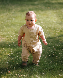 Cocoa Brown Linen Short Sleeve Buttoned Top with Curved Hemline with "Mushrooms" Embroidery