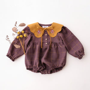 Plum Check Linen Long Sleeve Bubble Playsuit with Petal Collar in Mustard Linen with "Wild Meadow Bouquet" Embroidery
