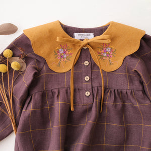 Plum Check Linen Long Sleeve Bubble Playsuit with Petal Collar in Mustard Linen with "Wild Meadow Bouquet" Embroidery