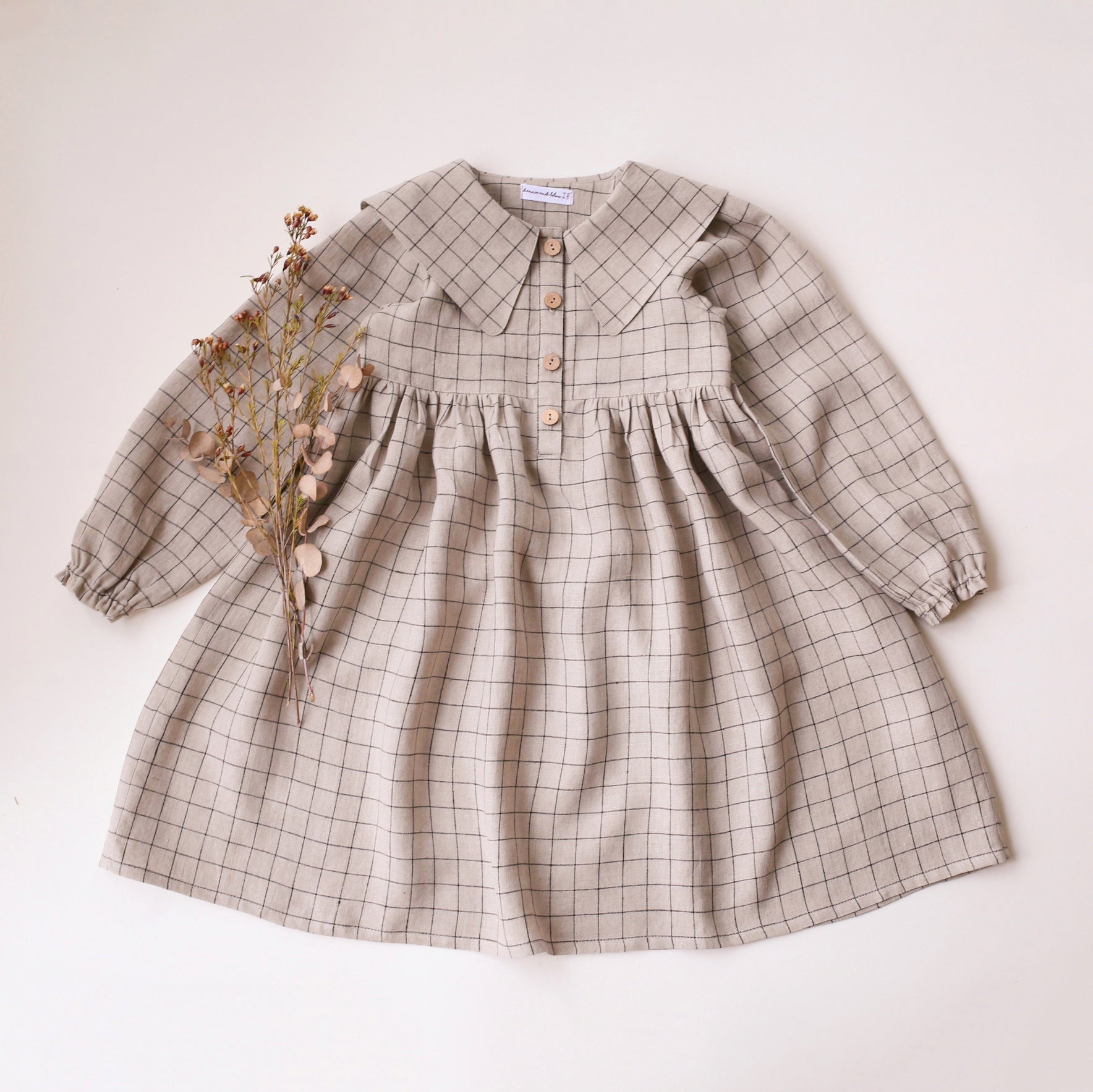 5-6 YRS - Natural Check Linen Long Sleeve Pointed Collar Dress