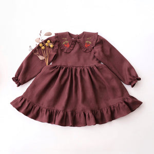 Chocolate Plum Linen Long Sleeve Frilled Collar Dress with "Berry Branch" Embroidery