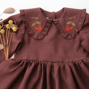 Chocolate Plum Linen Long Sleeve Frilled Collar Dress with "Berry Branch" Embroidery