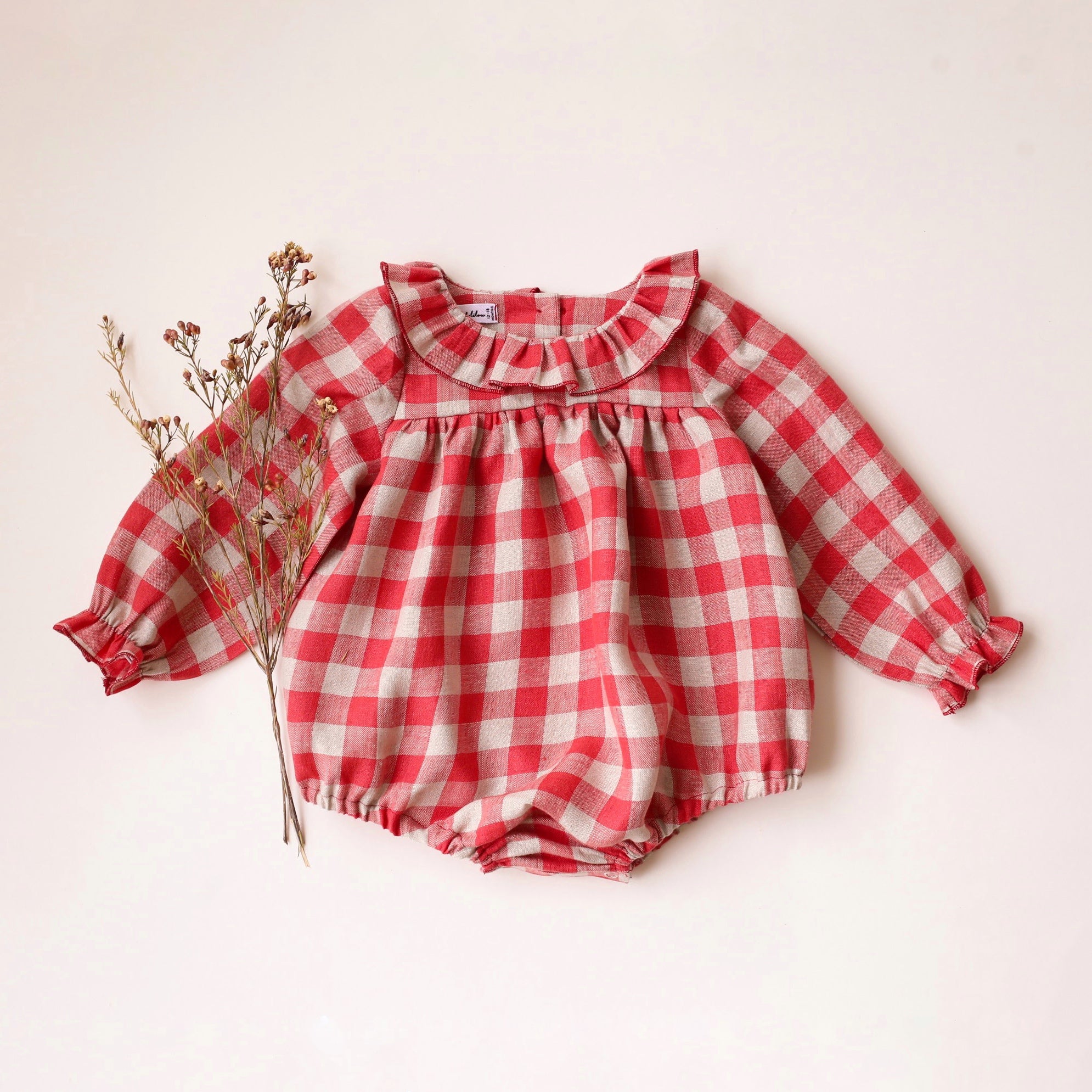 3-6 months - Cherry Check Linen Long Sleeve Ruffle Collar Babydoll Bodice Bubble Playsuit
