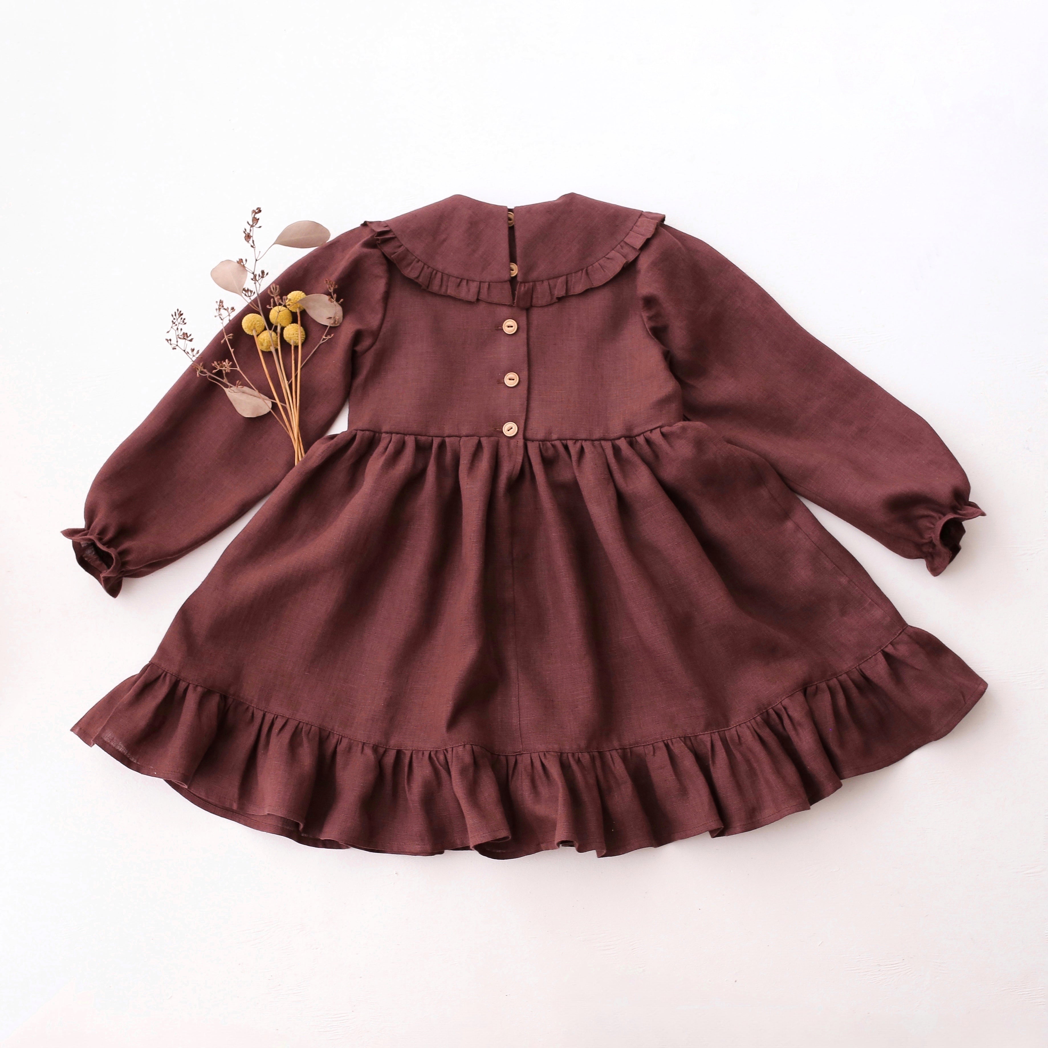 Chocolate Plum Linen Long Sleeve Frilled Collar Dress with "Berry Branch" Embroidery