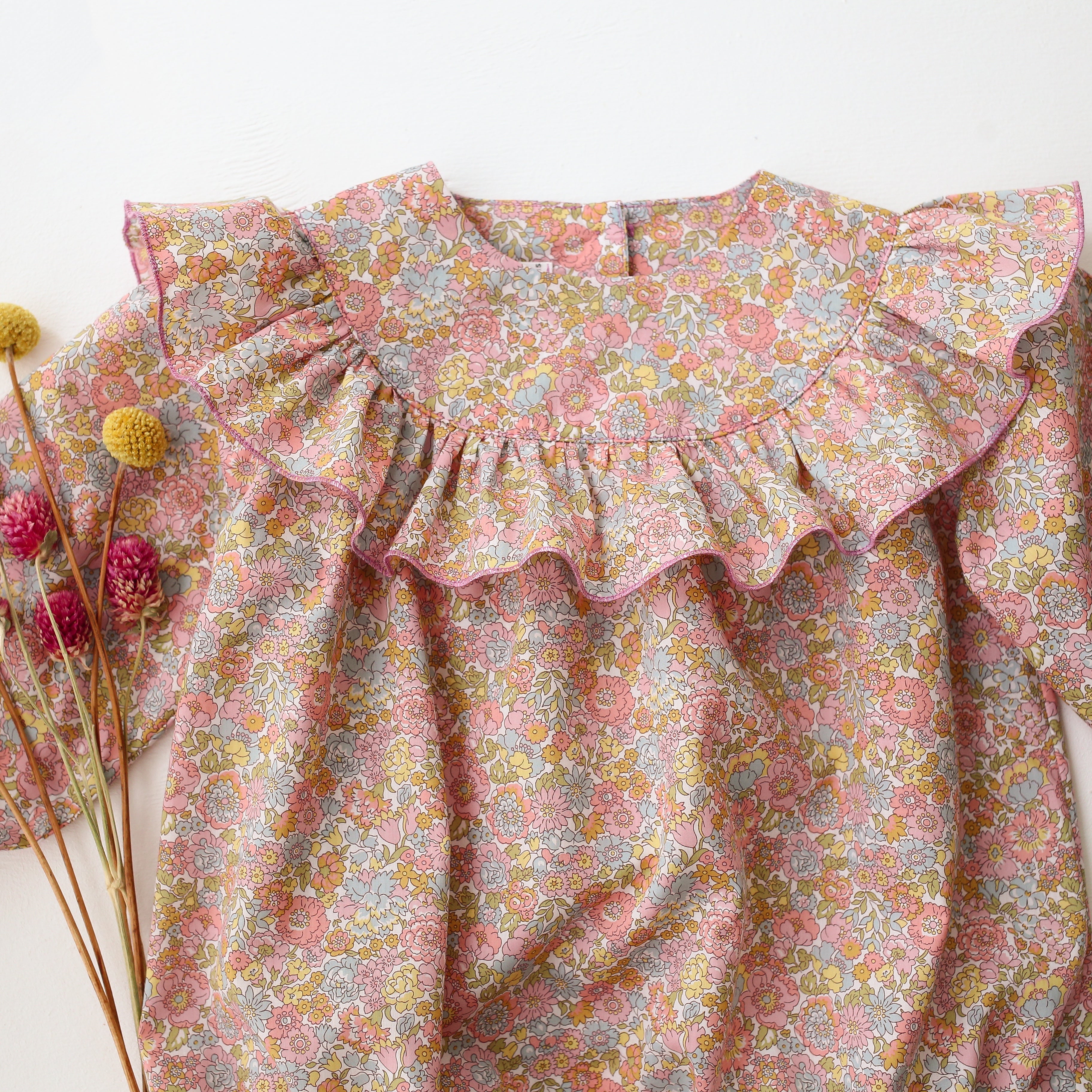 Long Sleeve Ruffle Round Yoke Bubble Playsuit in Nell Annie & May Liberty Print