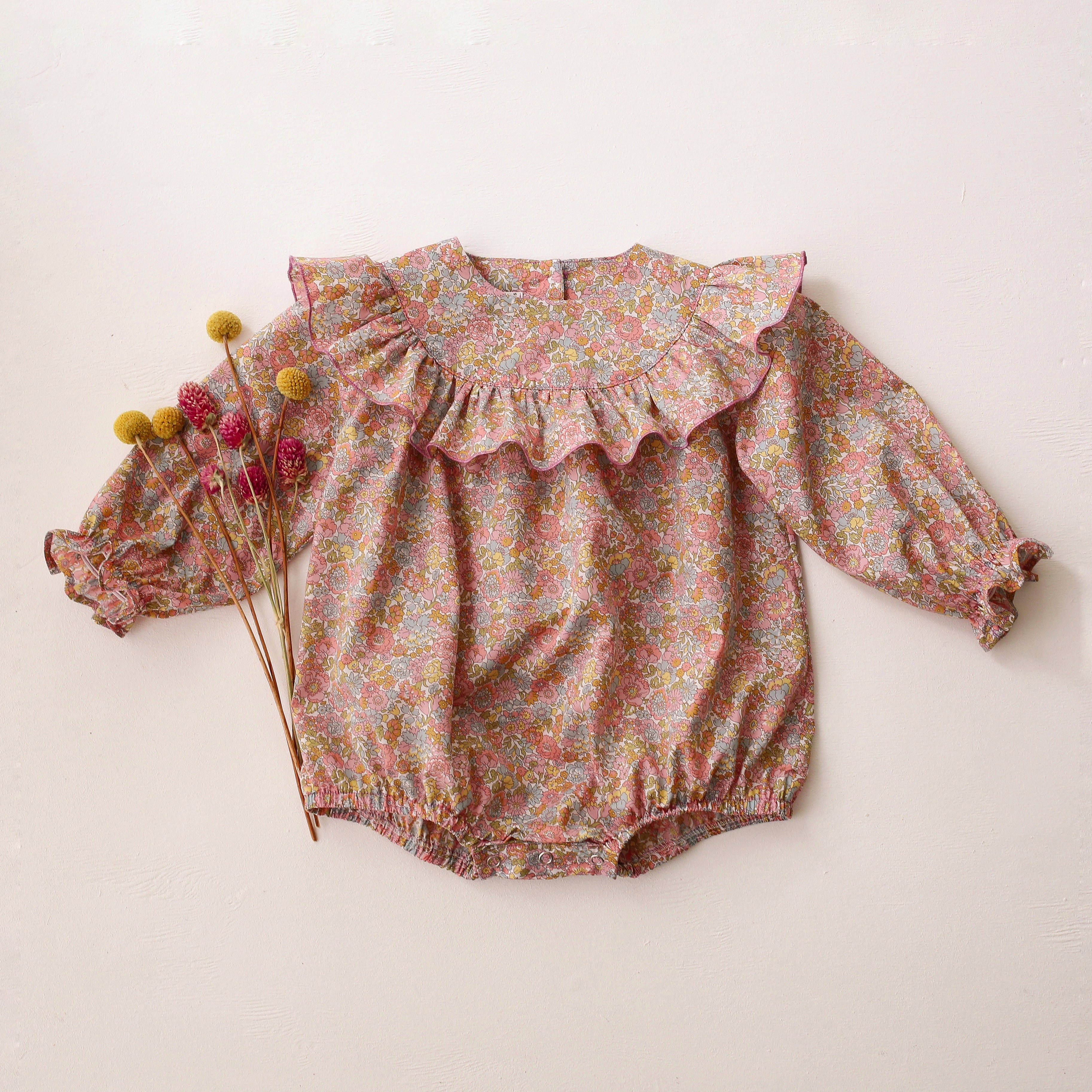 Long Sleeve Ruffle Round Yoke Bubble Playsuit in Nell Annie & May Liberty Print