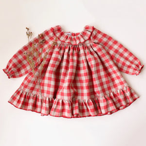 Cherry Check Linen Long Sleeve Ruffle Collar Babydoll Bodice Dress