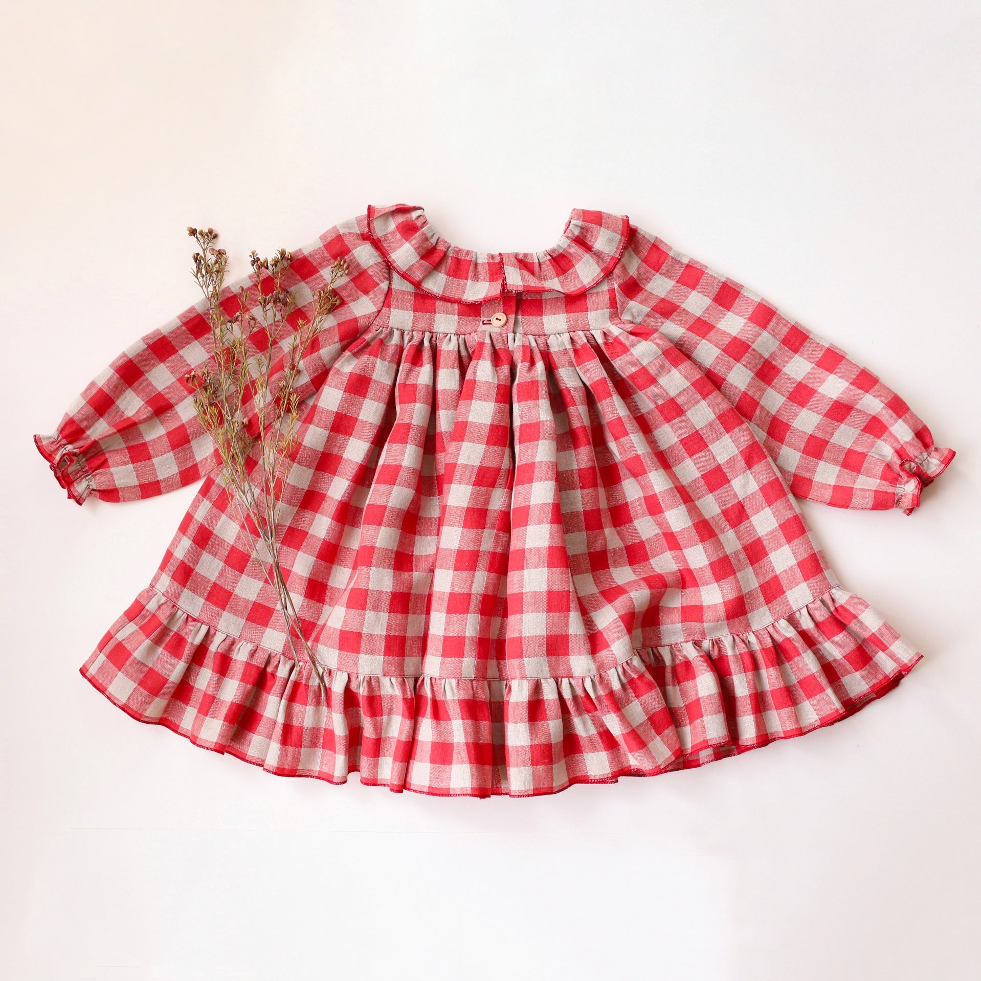 Cherry Check Linen Long Sleeve Ruffle Collar Babydoll Bodice Dress