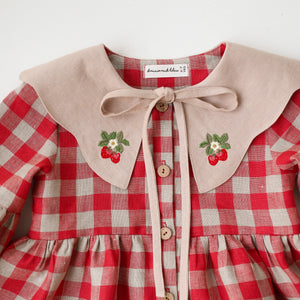 Cherry Check Linen Lantern Sleeve Tiered Dress with Scalloped Collar in Beige Linen with "Strawberry" Embroidery