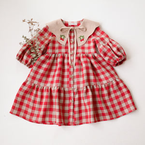 Cherry Check Linen Lantern Sleeve Tiered Dress with Scalloped Collar in Beige Linen with "Strawberry" Embroidery