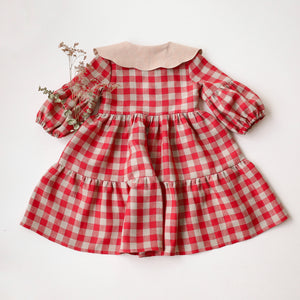 Cherry Check Linen Lantern Sleeve Tiered Dress with Scalloped Collar in Beige Linen with "Strawberry" Embroidery