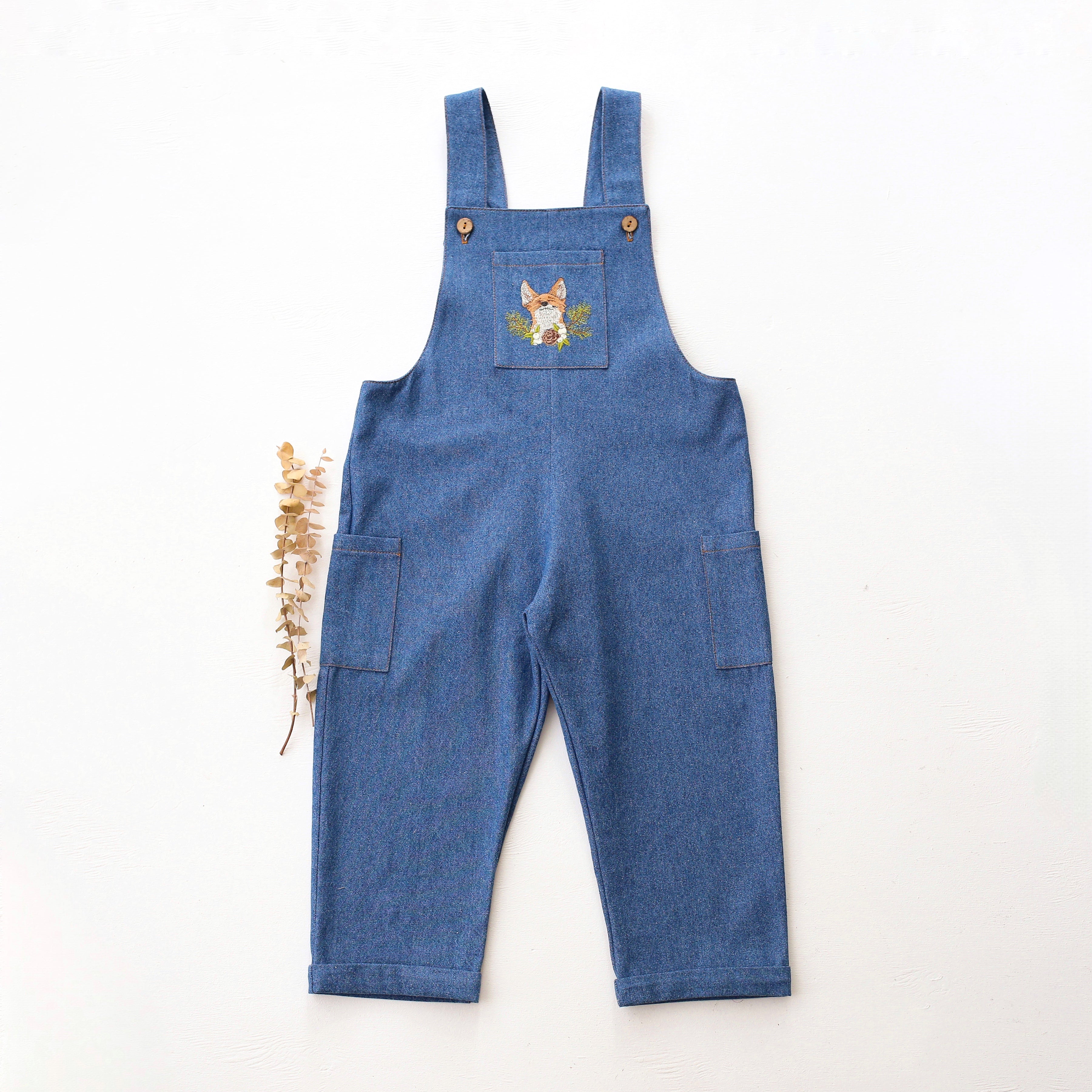 Dark Blue Denim Buttoned Overalls with "Fox with Pinecone" Embroidery