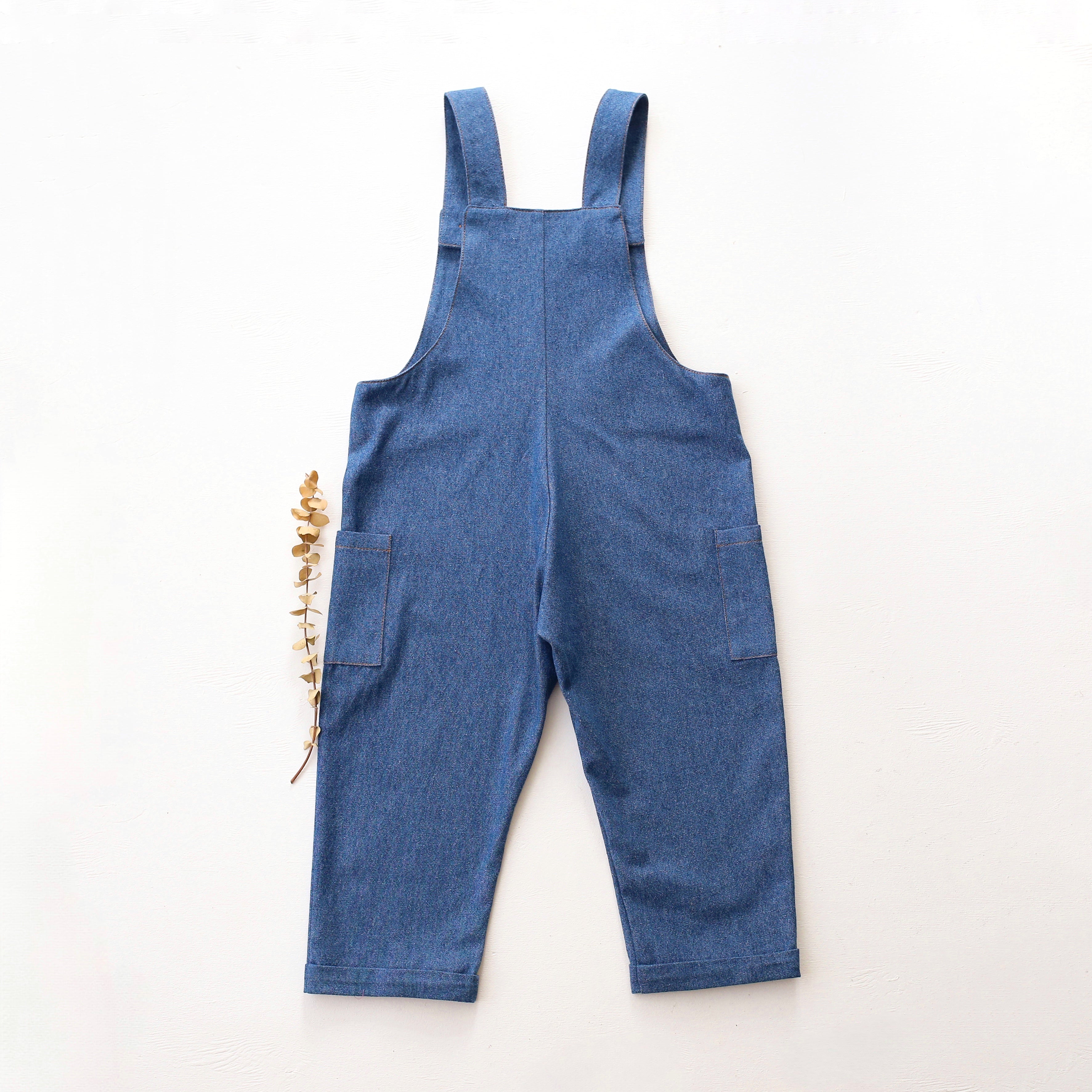 Dark Blue Denim Buttoned Overalls with "Fox with Pinecone" Embroidery