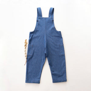 Dark Blue Denim Buttoned Overalls with "Fox with Pinecone" Embroidery