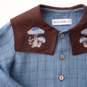 Woodland Sky Check Linen Long Sleeve Button Front Top with Square Collar and " Blue Mushrooms" Embroidery