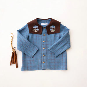 Woodland Sky Check Linen Long Sleeve Button Front Top with Square Collar and " Blue Mushrooms" Embroidery