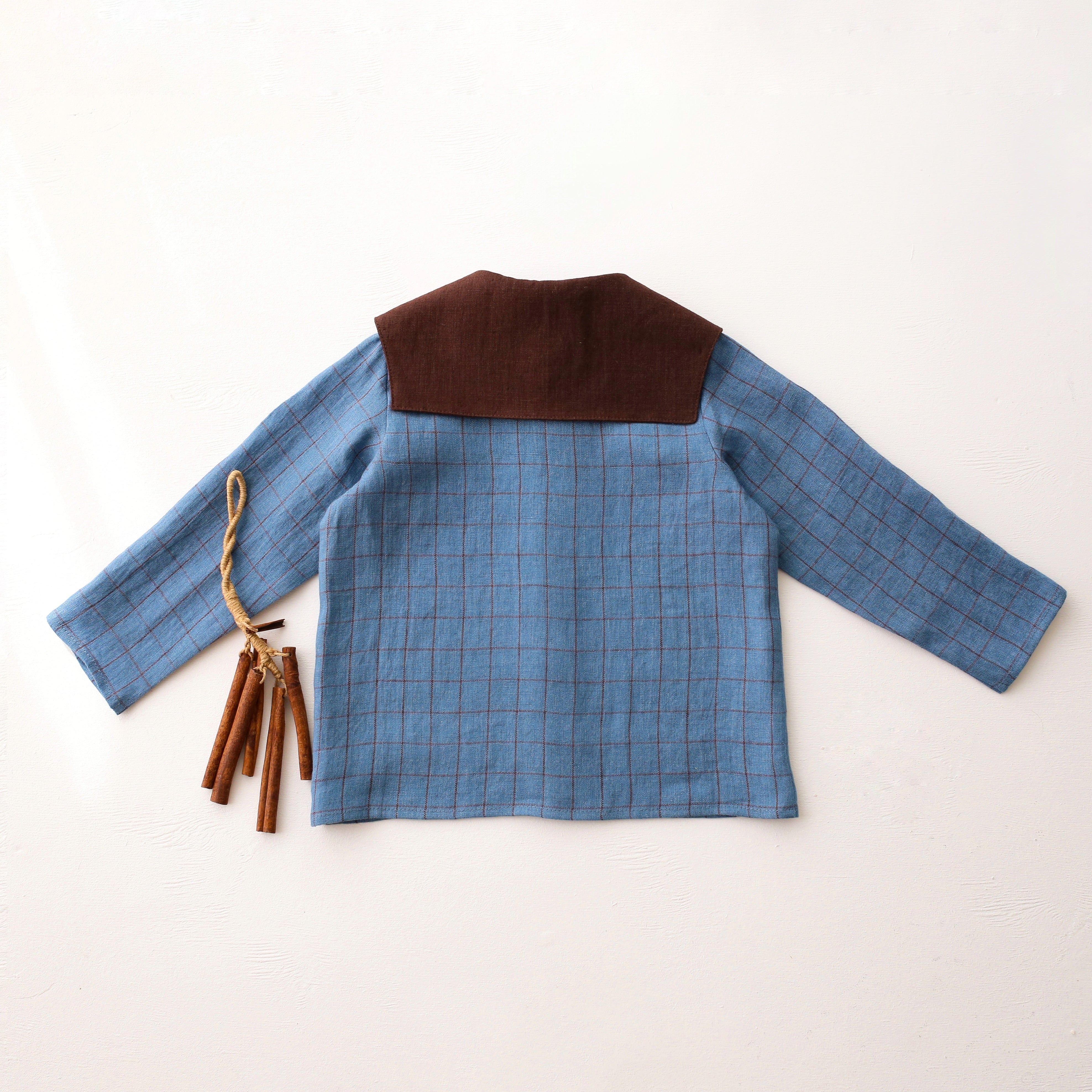 Woodland Sky Check Linen Long Sleeve Button Front Top with Square Collar and " Blue Mushrooms" Embroidery
