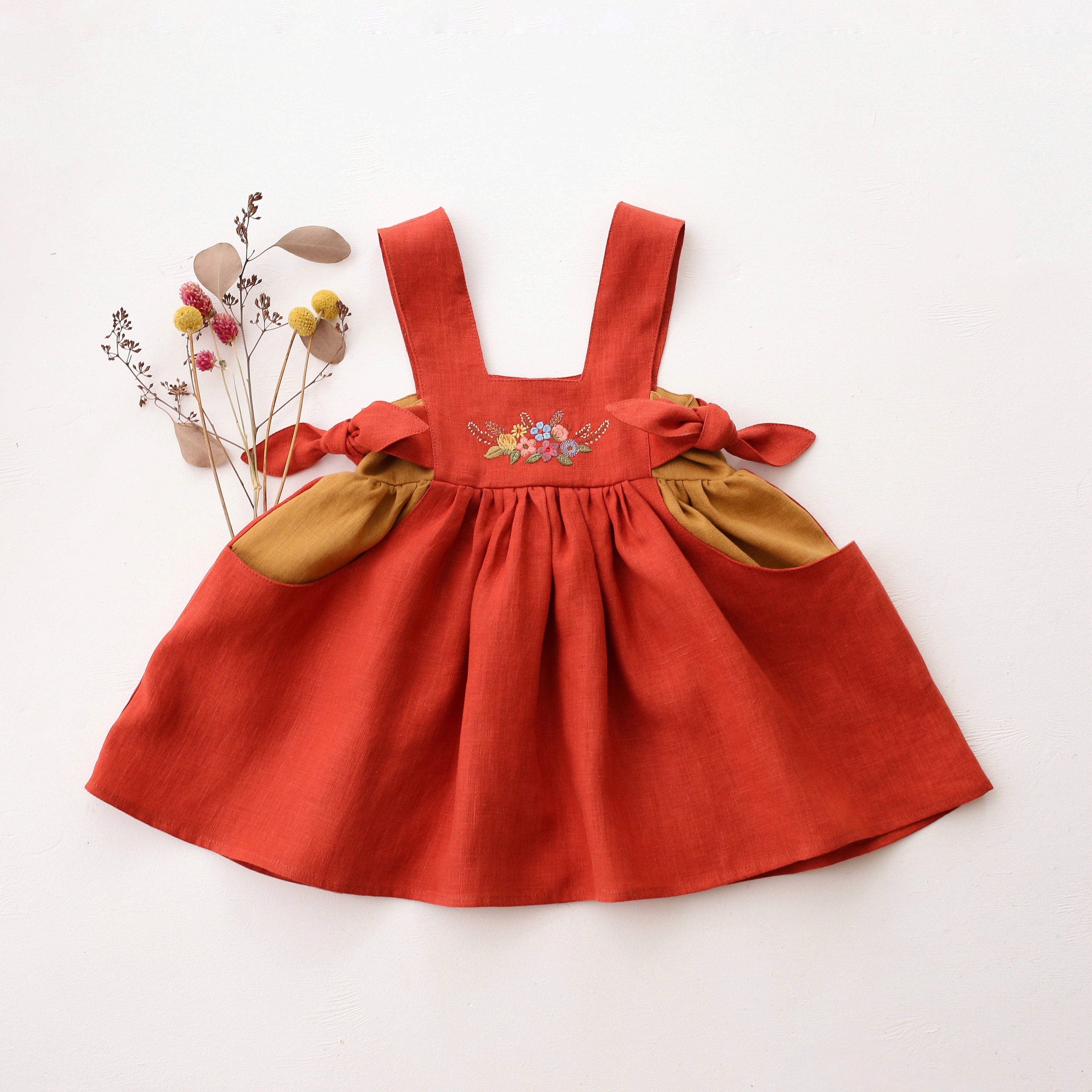 Paprika Linen Square Neckline Pinafore with “Harvest Blossom” Embroidery