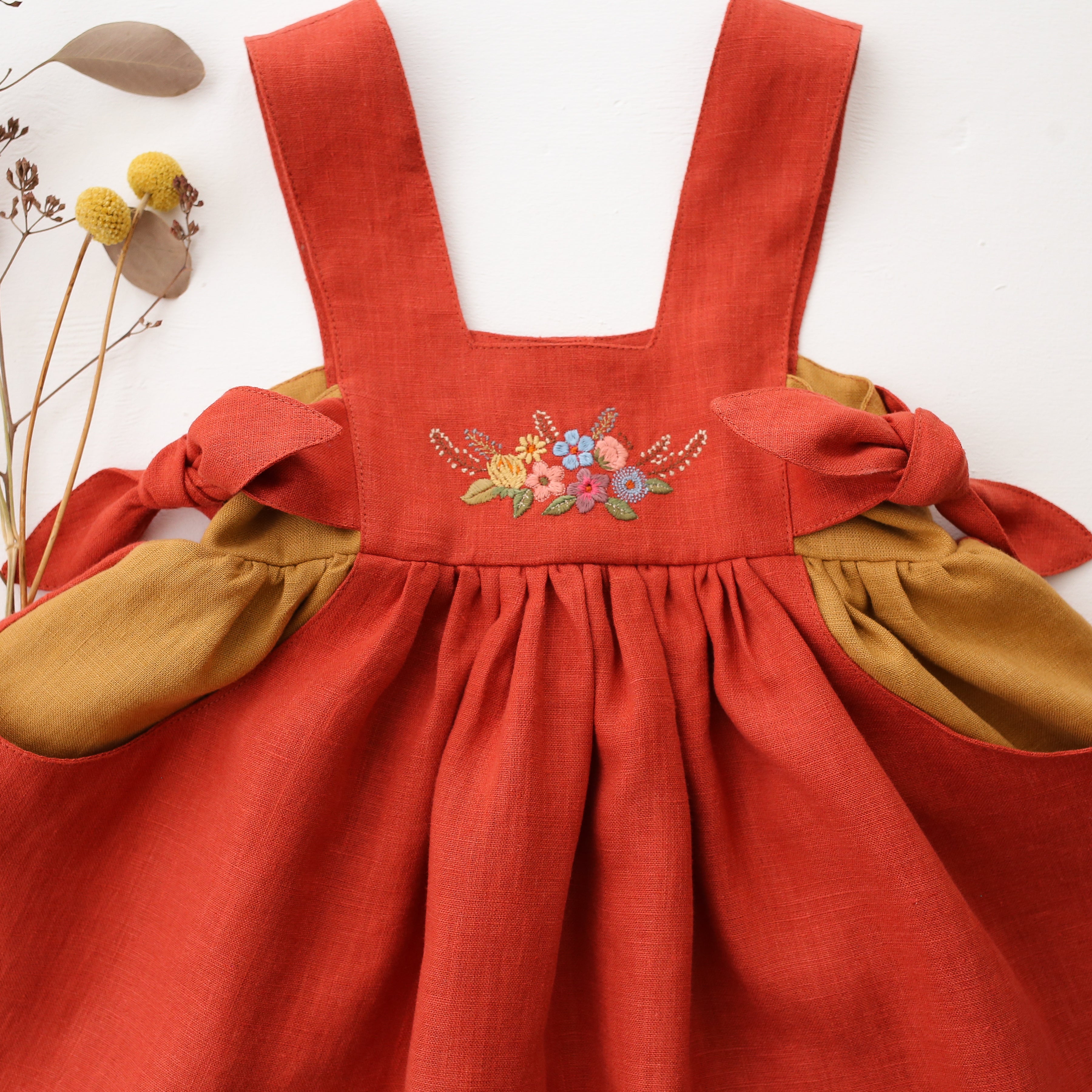 Paprika Linen Square Neckline Pinafore with “Harvest Blossom” Embroidery