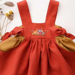 Paprika Linen Square Neckline Pinafore with “Harvest Blossom” Embroidery