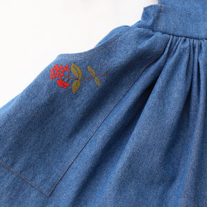 Dark Blue Denim Buttoned Pinafore Skirt with “Berry Branch” Embroidery