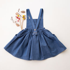 Dark Blue Denim Buttoned Pinafore Skirt with “Berry Branch” Embroidery