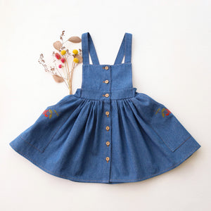 Dark Blue Denim Buttoned Pinafore Skirt with “Berry Branch” Embroidery