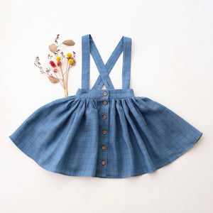 Woodland Sky Check Linen Buttoned Skirt with Removable Straps