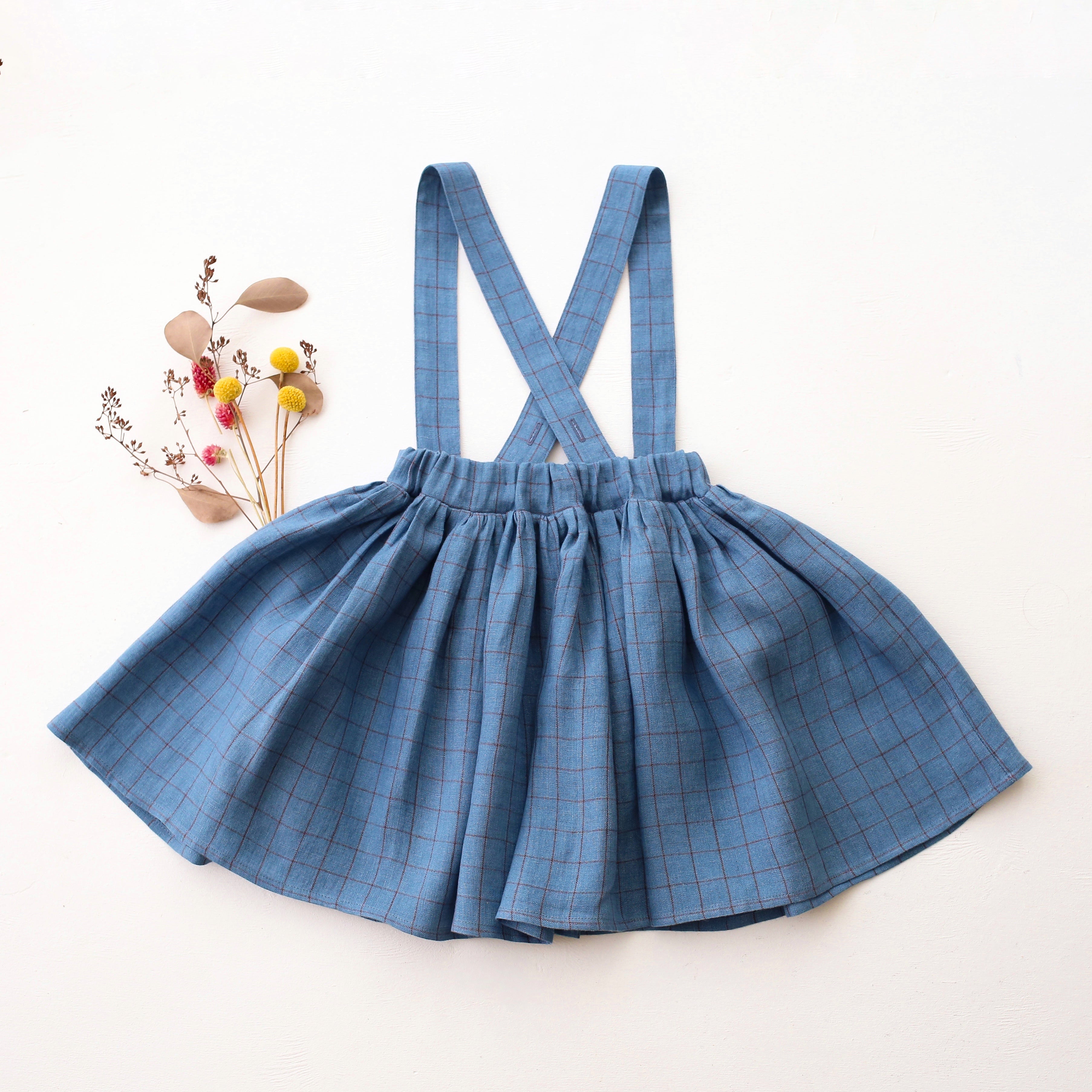 Woodland Sky Check Linen Buttoned Skirt with Removable Straps
