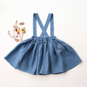 Woodland Sky Check Linen Buttoned Skirt with Removable Straps