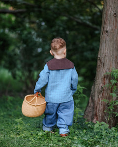 Woodland Sky Check Linen Long Sleeve Button Front Top with Square Collar and " Blue Mushrooms" Embroidery
