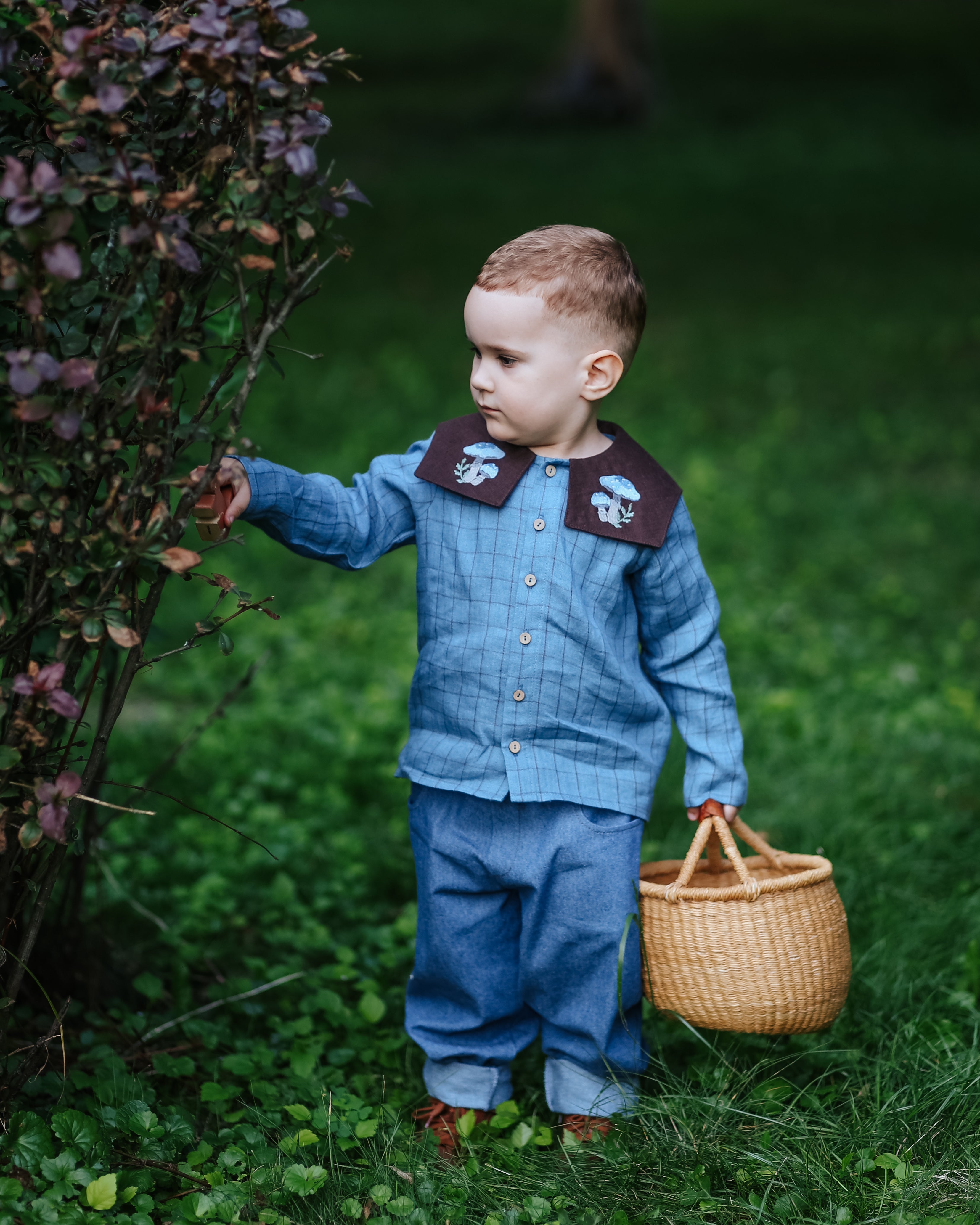 Woodland Sky Check Linen Long Sleeve Button Front Top with Square Collar and " Blue Mushrooms" Embroidery