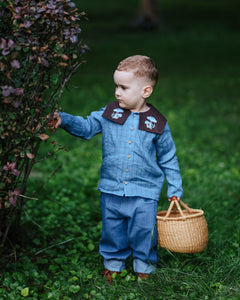 Woodland Sky Check Linen Long Sleeve Button Front Top with Square Collar and " Blue Mushrooms" Embroidery