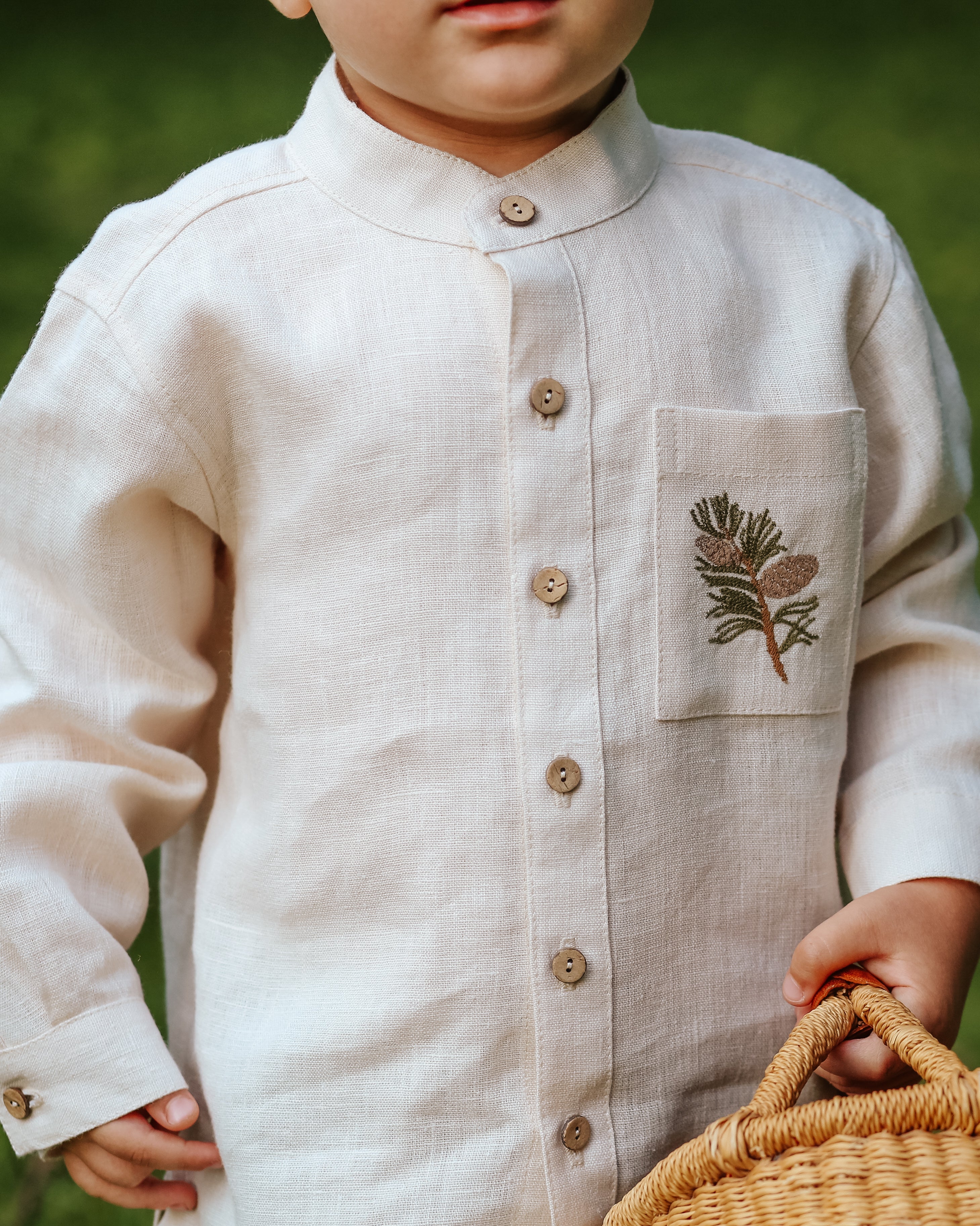 Ivory Linen Long Sleeve Shirt with Band Collar and "Pinecone Branch" Embroidery