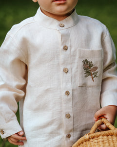 Ivory Linen Long Sleeve Shirt with Band Collar and "Pinecone Branch" Embroidery