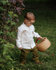 Ivory Linen Long Sleeve Shirt with Band Collar and "Pinecone Branch" Embroidery