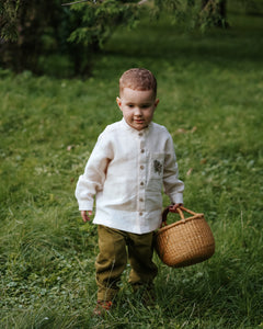 Ivory Linen Long Sleeve Shirt with Band Collar and "Pinecone Branch" Embroidery