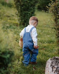 Dark Blue Denim Buttoned Overalls with "Fox with Pinecone" Embroidery