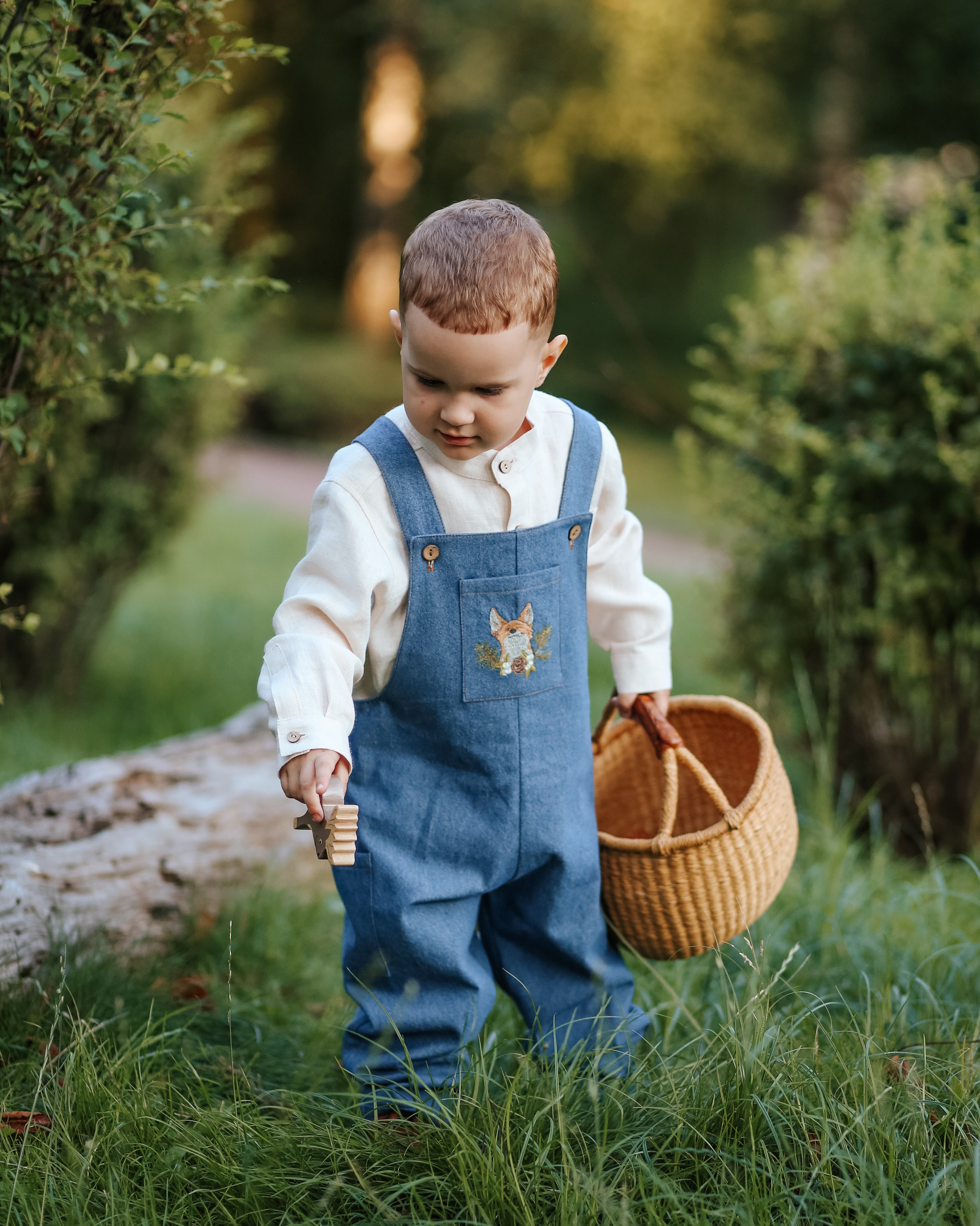 Dark Blue Denim Buttoned Overalls with "Fox with Pinecone" Embroidery