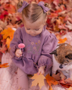 Pale Lilac Linen Long Sleeve Frills Bubble Playsuit with "Clover Meadow" Embroidery