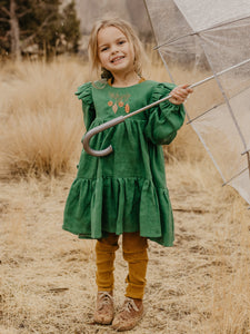 Emerald Green Linen Full Length Flutter Sleeve Tiered Dress with "Christmas Baubles" Embroidery