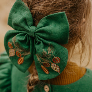 Embroidered Hair Bow with "Christmas Baubles" Embroidery in Emerald Green Linen