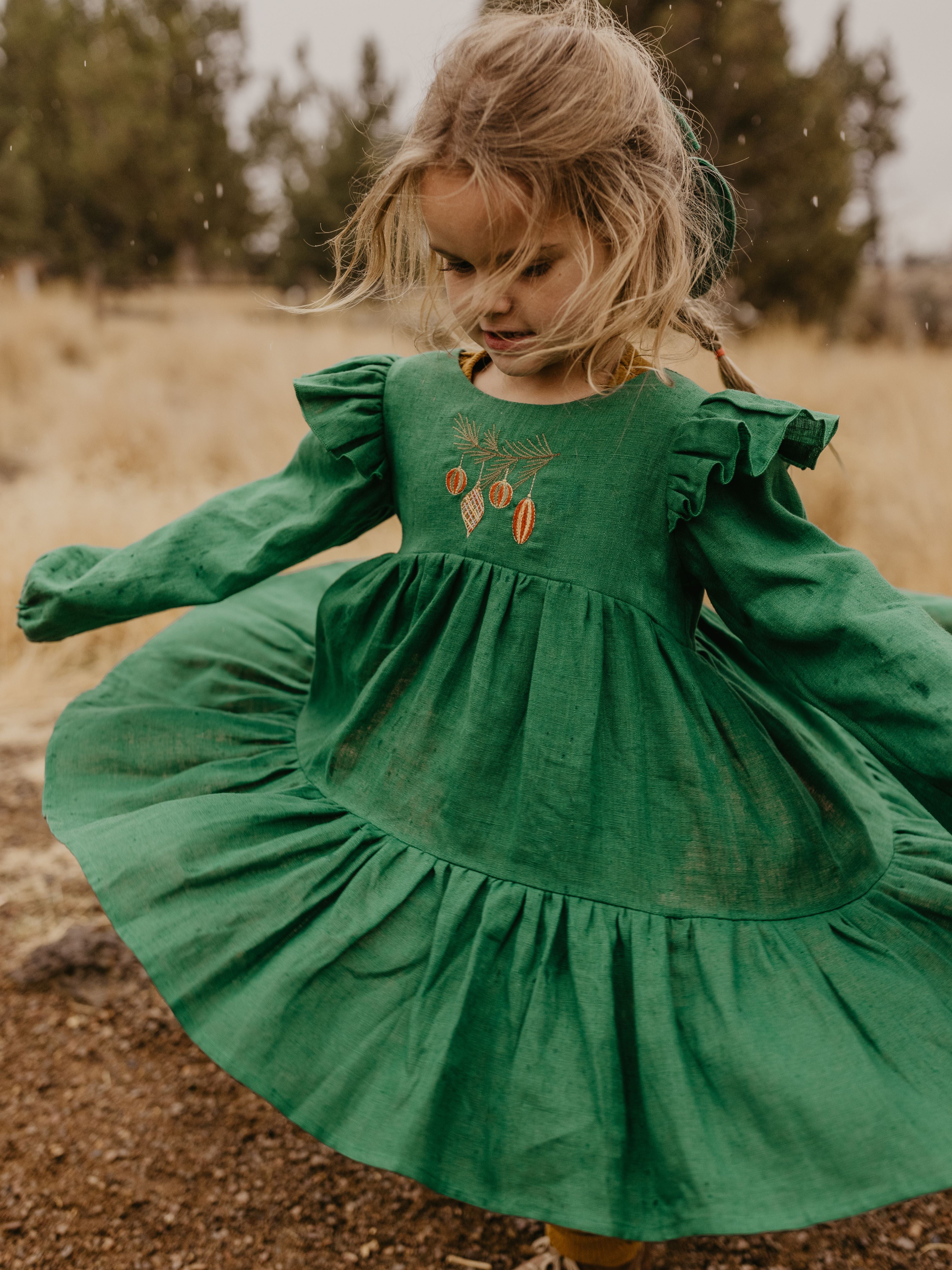 Emerald Green Linen Full Length Flutter Sleeve Tiered Dress with "Christmas Baubles" Embroidery