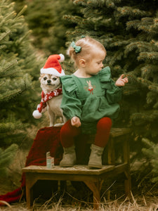 Emerald Green Linen Long Sleeve Ruffle Bubble Playsuit with "Christmas Bunny" Embroidery