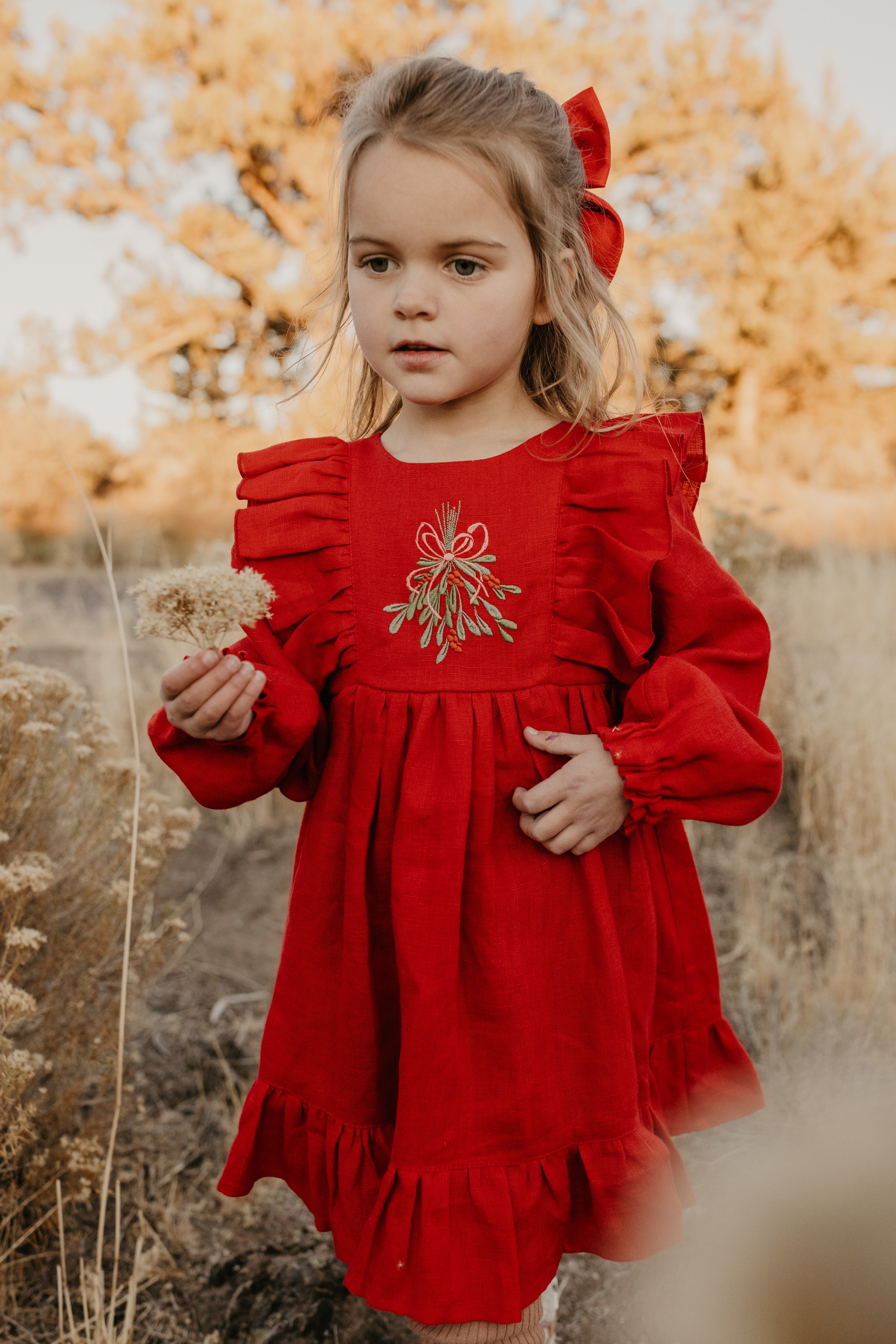 Scarlet Red Linen Long Sleeve Ruffle Dress with "Christmas Mistletoe" Embroidery