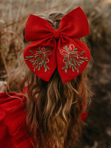 Embroidered Hair Bow with "Christmas Mistletoe" Embroidery in Scarlet Red Linen