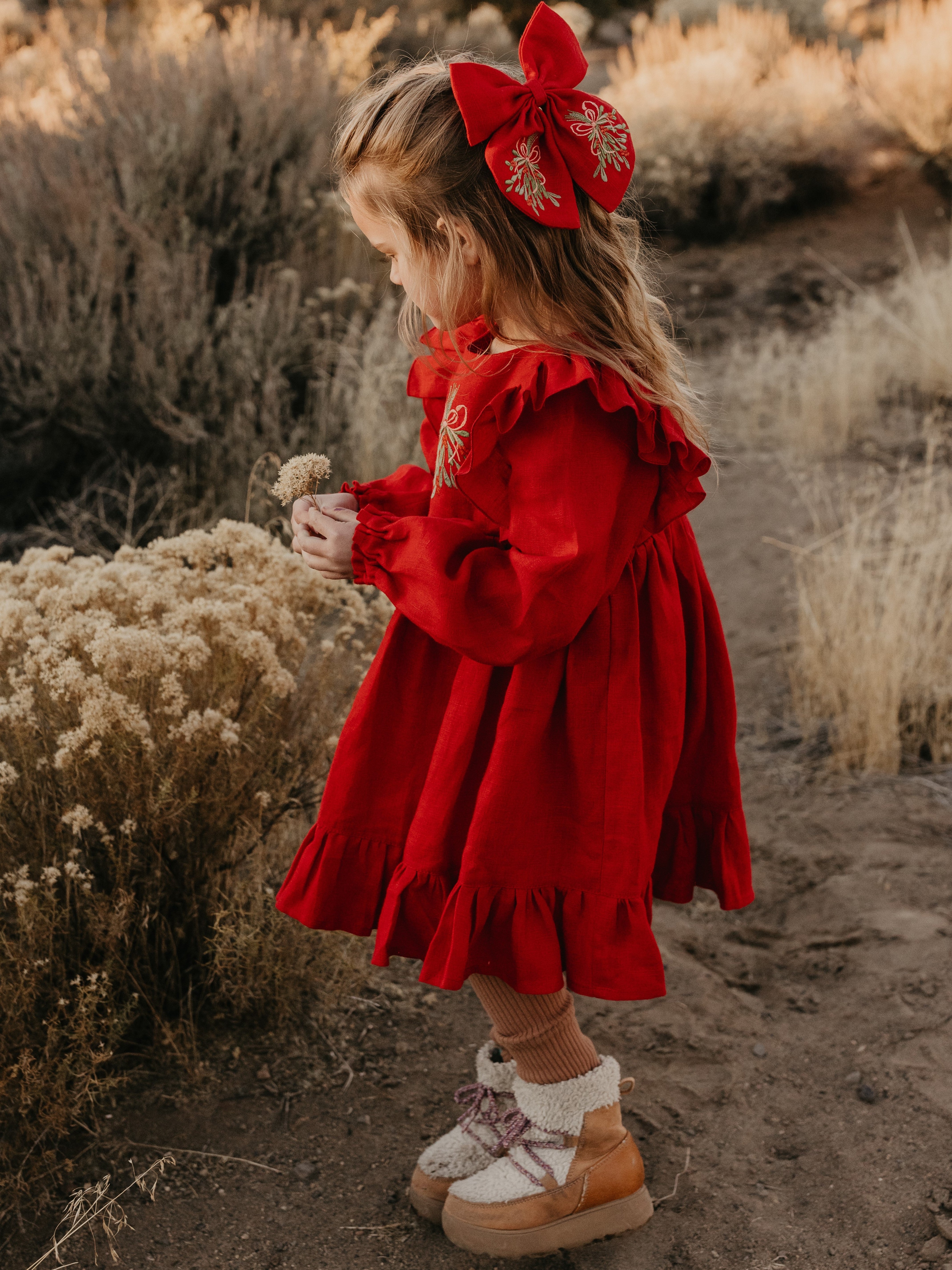 Scarlet Red Linen Long Sleeve Ruffle Dress with "Christmas Mistletoe" Embroidery